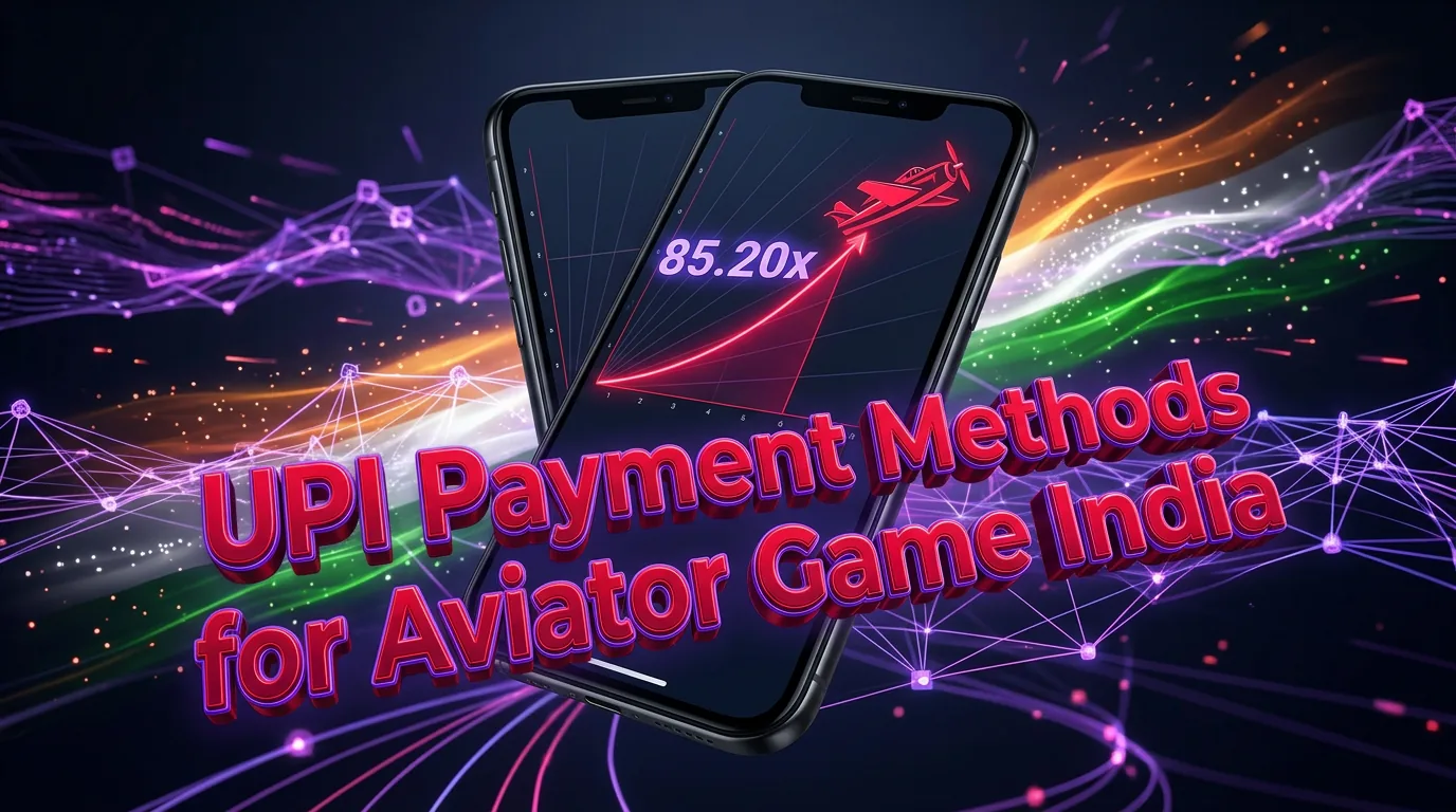 Digital rendering of a smartphone displaying the Aviator game with glowing UPI payment network lines and the title 'UPI Payme
